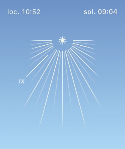 Blaues Sonnenzeit-Zifferblatt von SOLAR mit Sonnenstrahlen sowie Sonnen- und Ortszeit.
